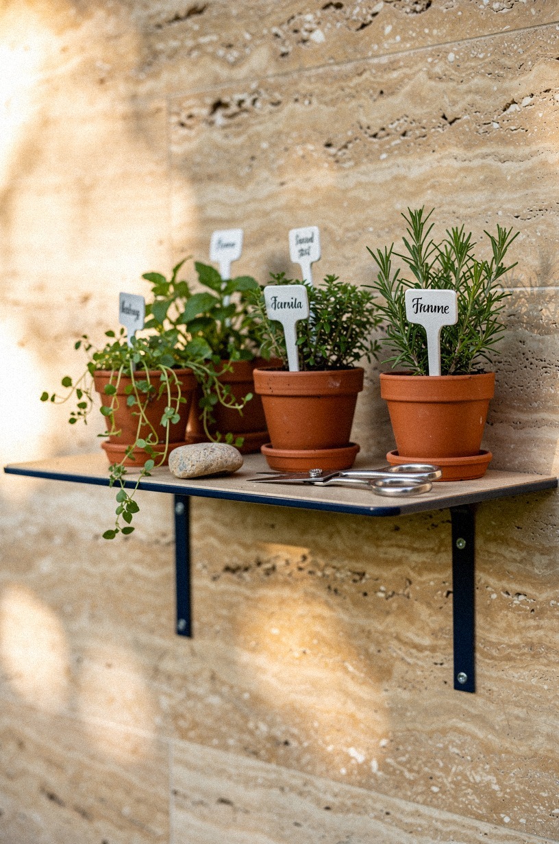 Cluster potted herbs on a narrow ledge shelf