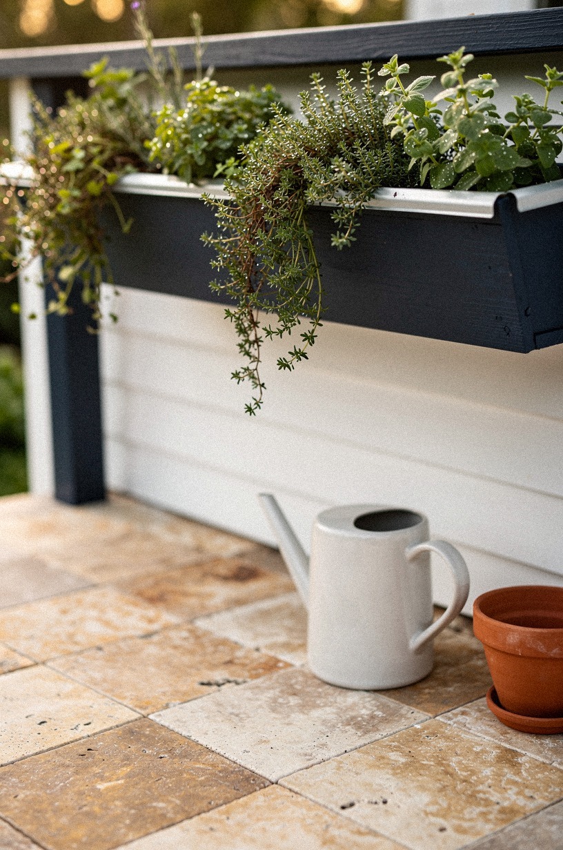 Hang a rain gutter along the railing and plant trailing herbs