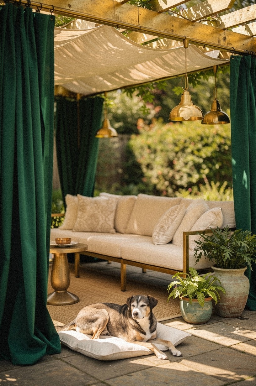 Install a pergola with draped outdoor fabric overhead
