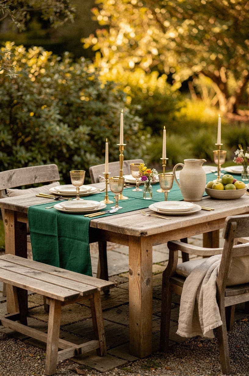 Anchor the seating area with a heavy farmhouse table