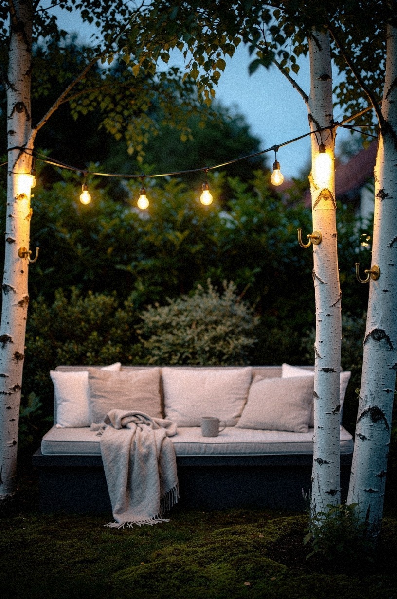 I strung café lights on a sagging wire between two birch trees and called it a canopy