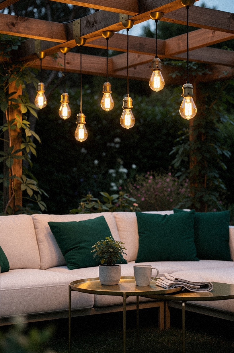 Hang pendant bulbs from a pergola beam grid
