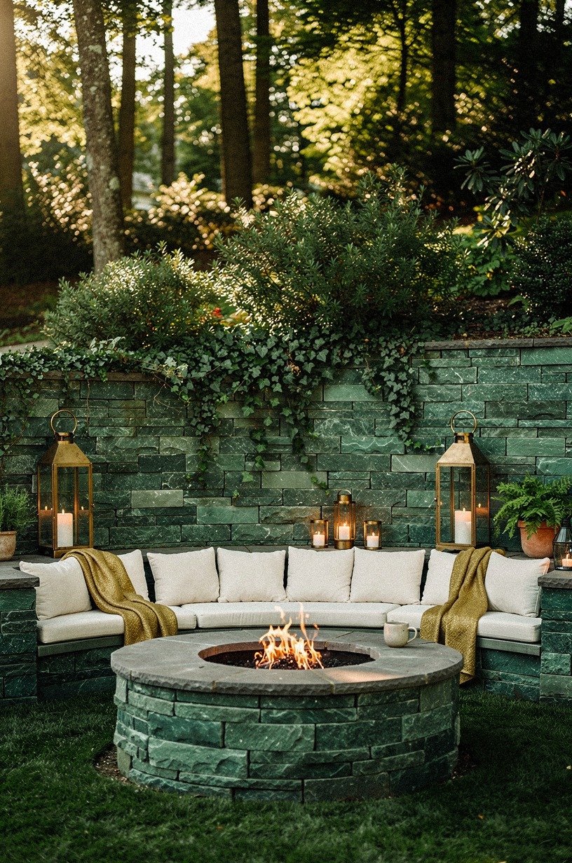 Build a stacked stone retaining wall that doubles as bench seating