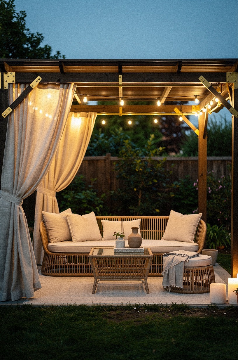 Hang linen curtains on one side for wind privacy