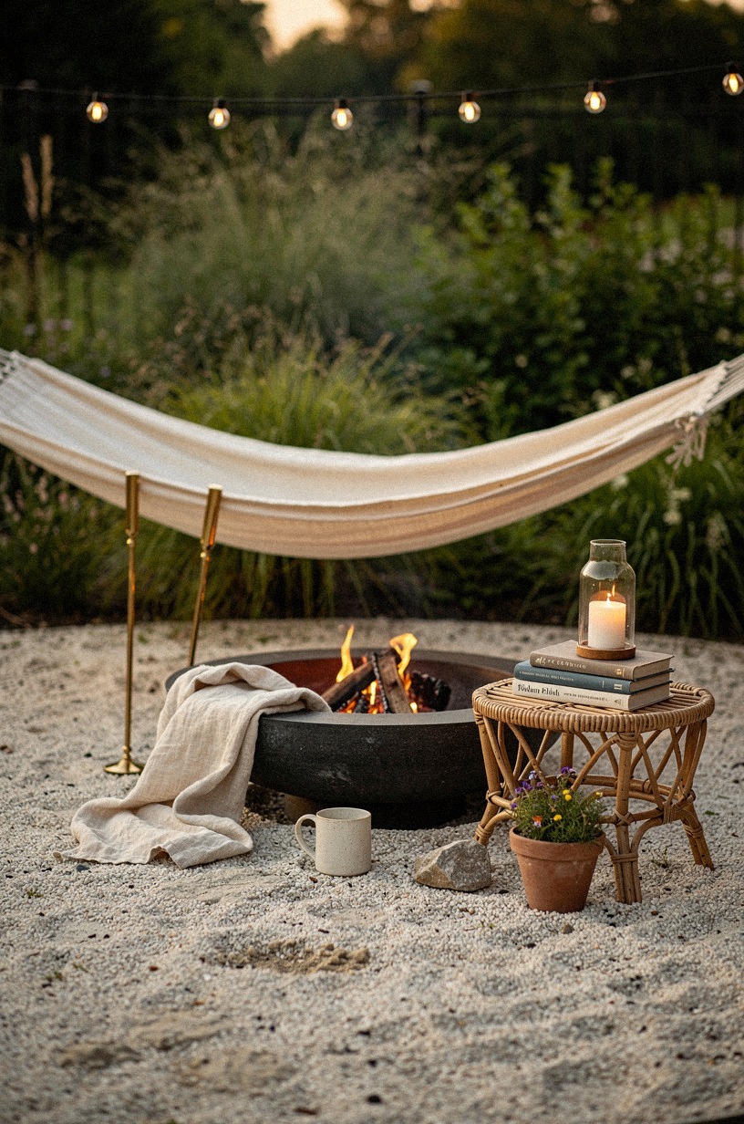 Tuck a hammock beside a gravel fire pit
