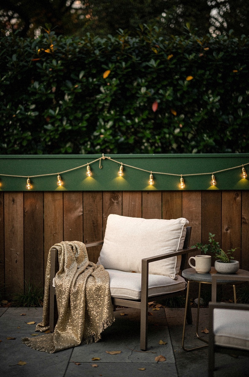 Hang unlacquered brass string lights along the top rail