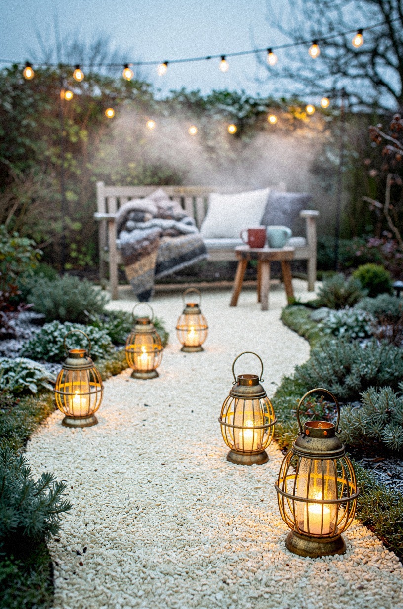 Cluster lanterns along the garden path