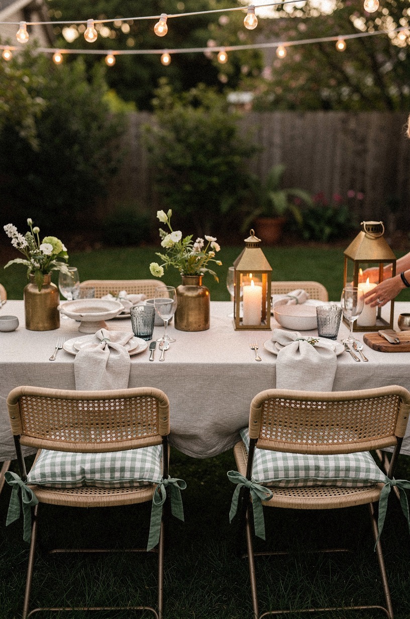 Tie gingham cushions onto folding chairs