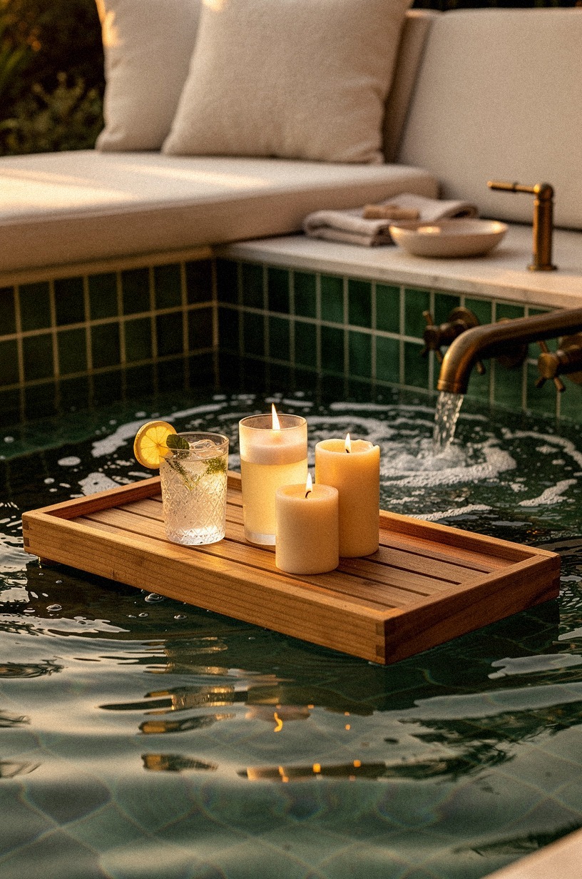 Float a teak tray across the jets for drinks and candles