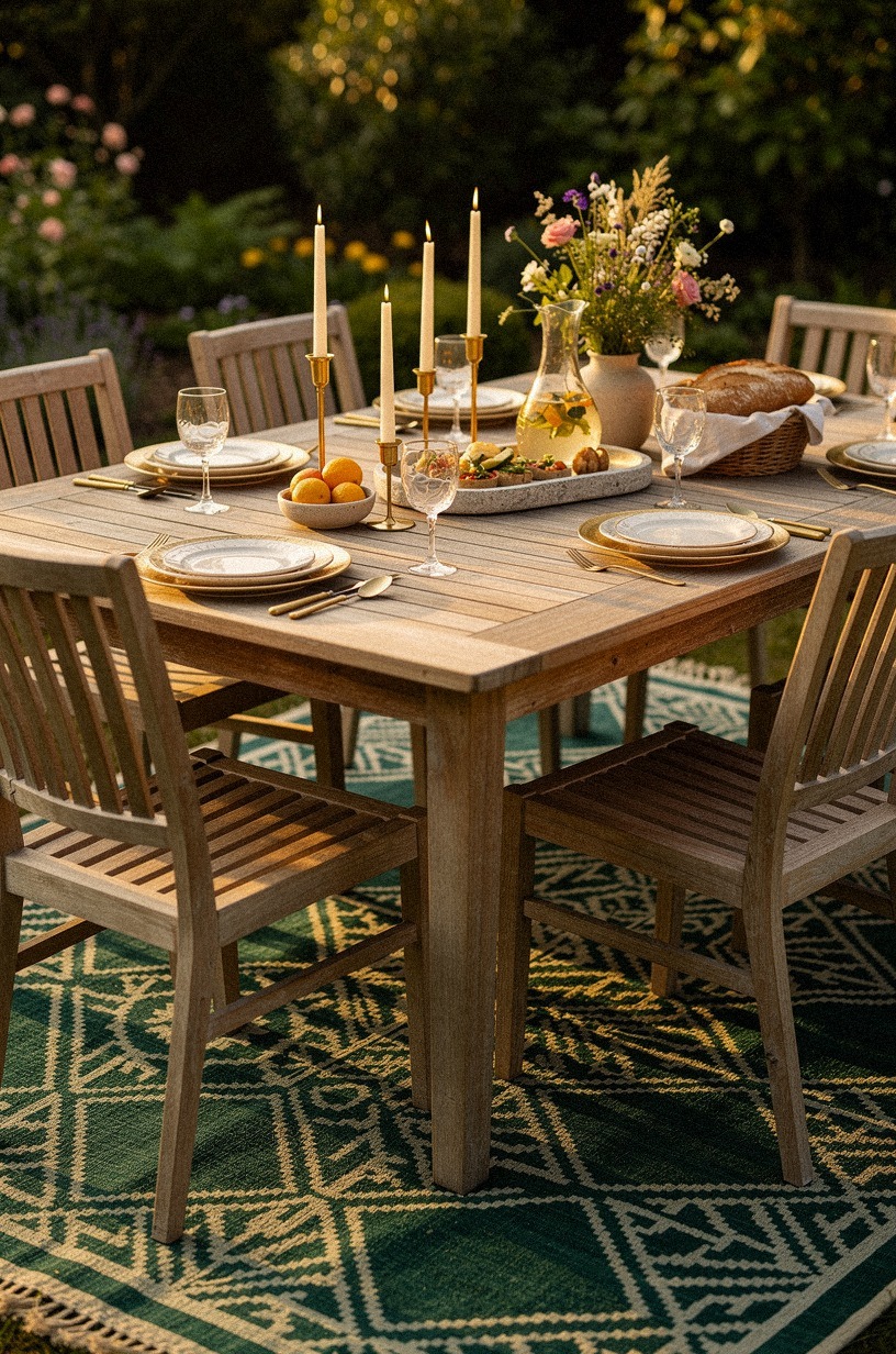 Layer outdoor rugs under a weathered teak dining set