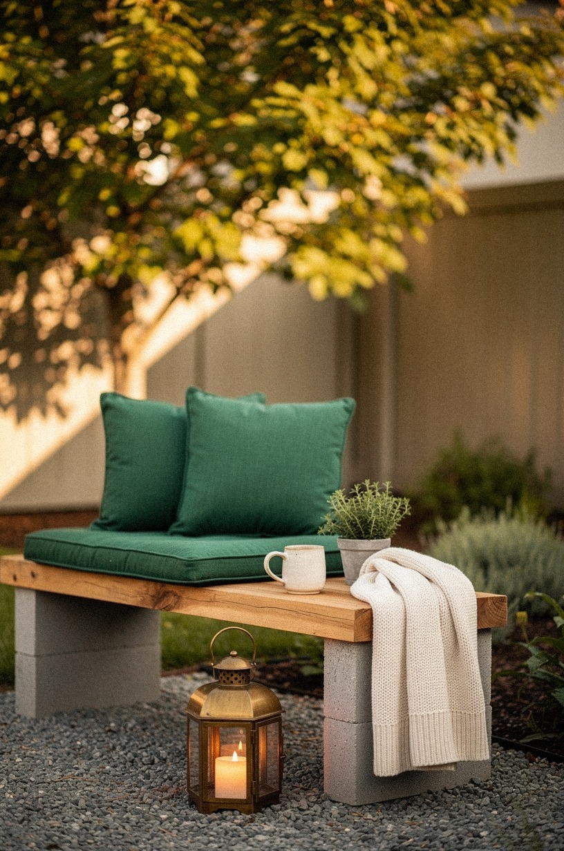 Stack cinder blocks into a bench with a plank top