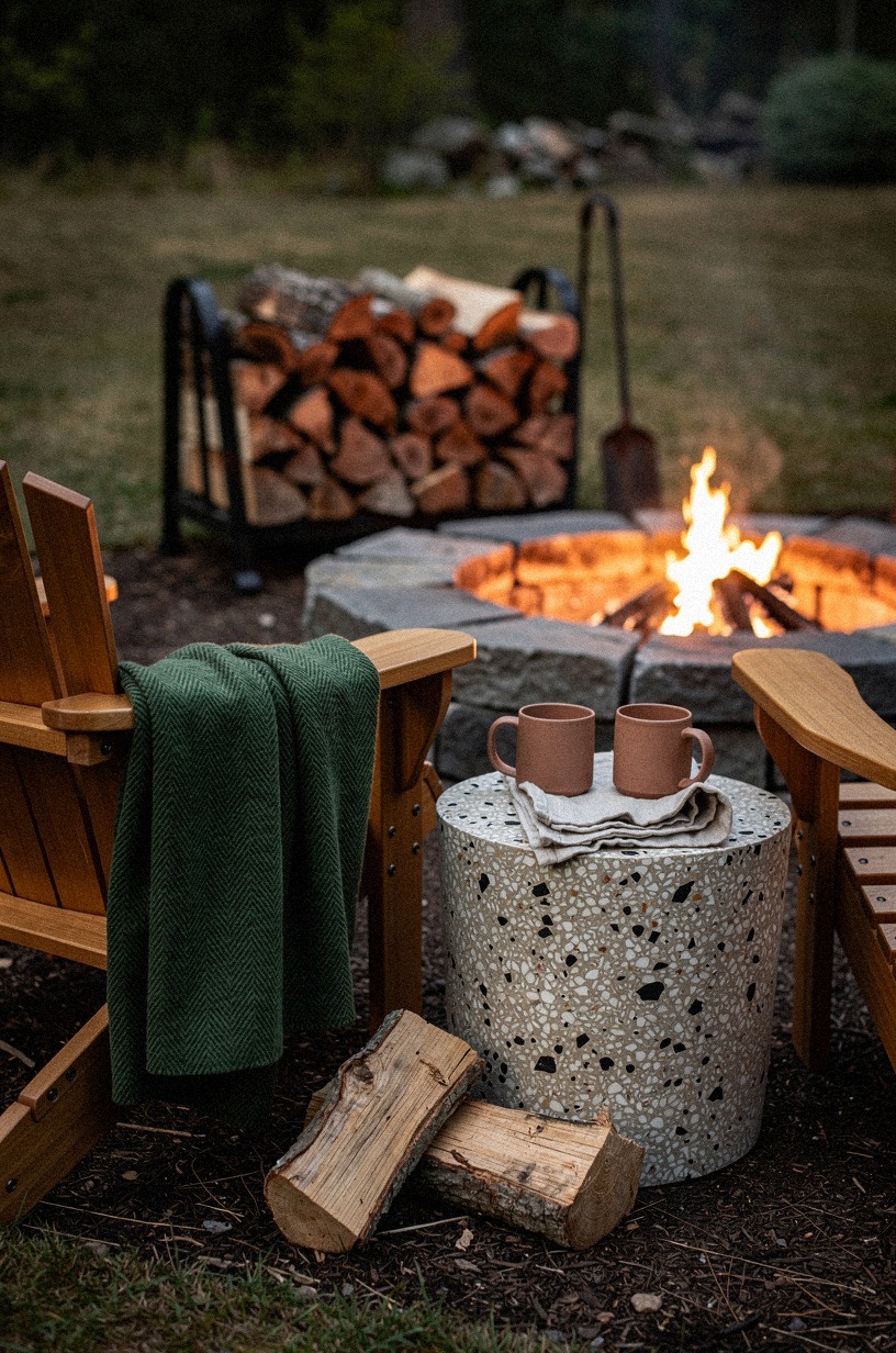 Stack firewood in a rustic metal rack near the fire pit