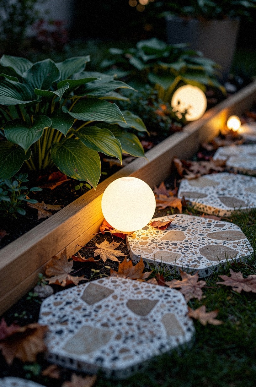 Nestle LED orbs in flower beds after dusk
