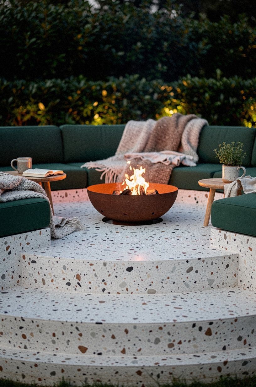 Start with a sunken fire pit conversation pit for sheltered warmth