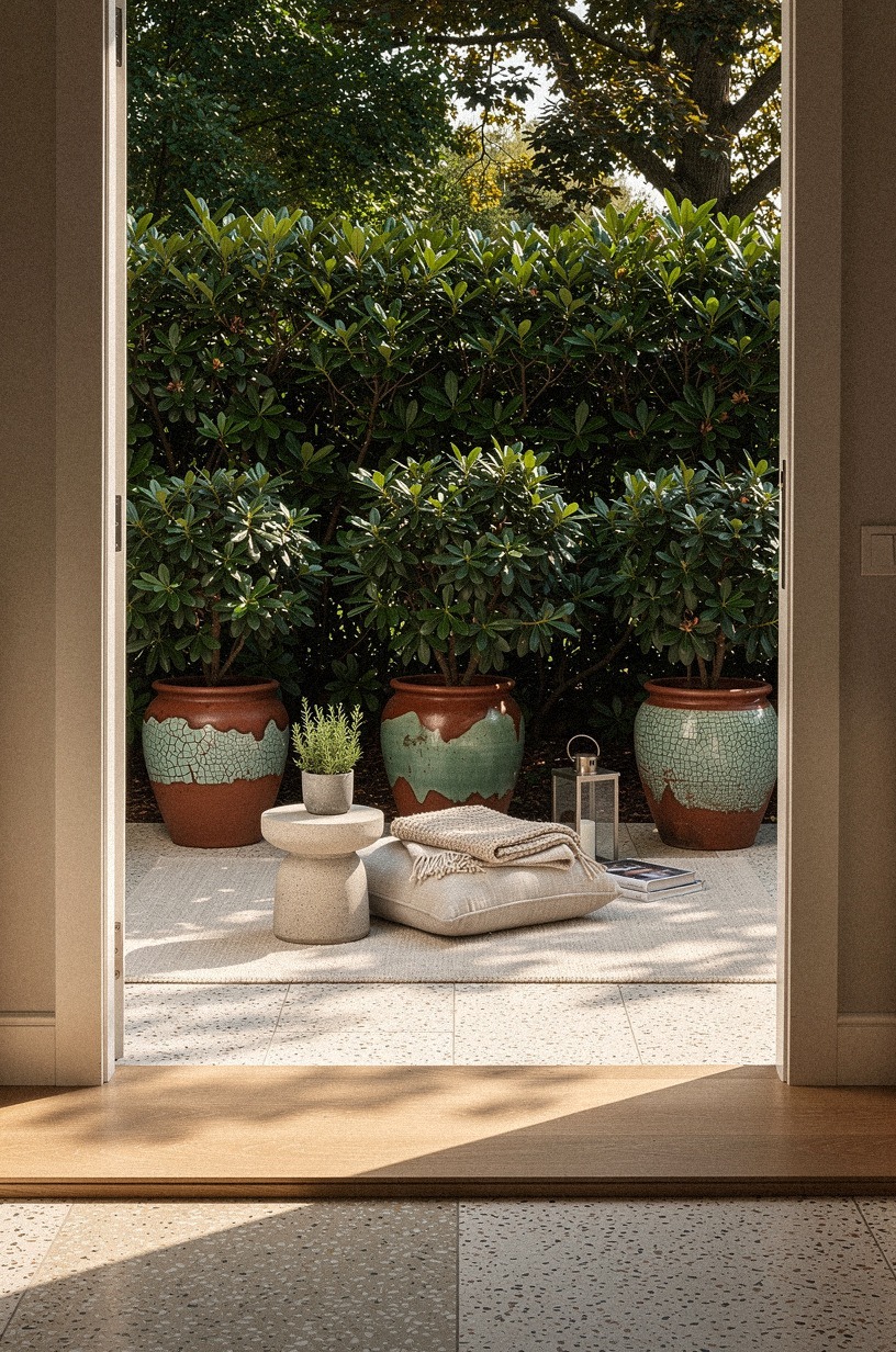 Plant privacy shrubs in staggered rows