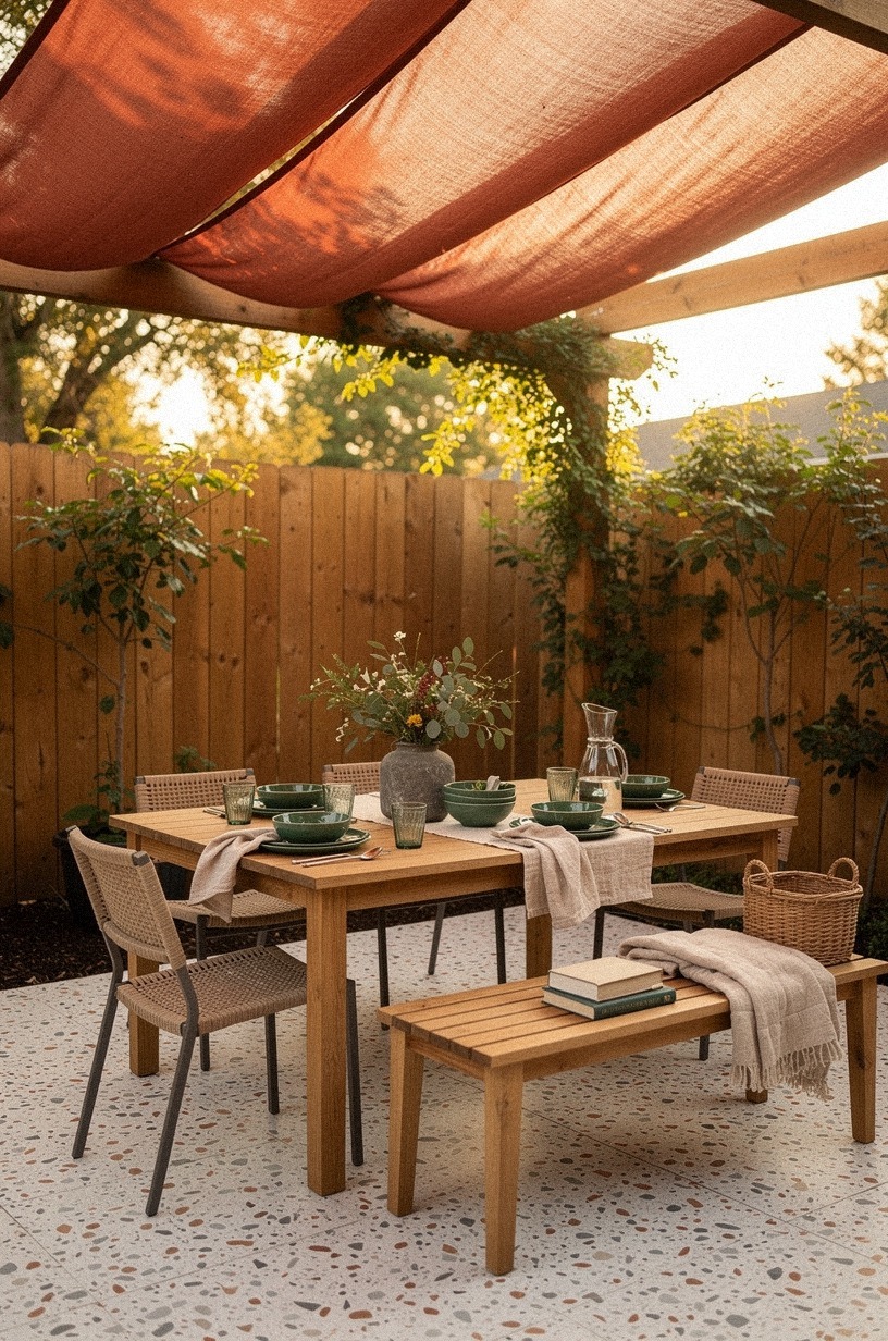 Build a corner pergola with a rust canvas shade