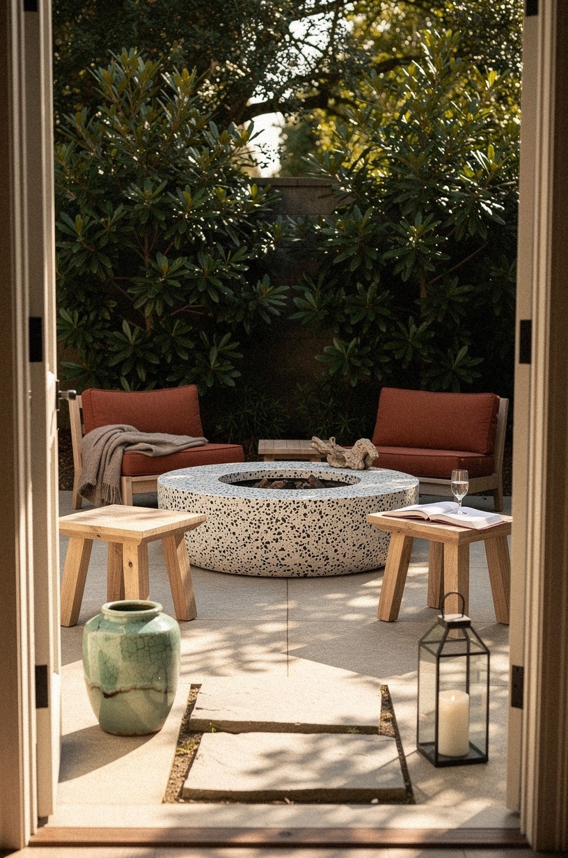 Frame the firepit with potted evergreens