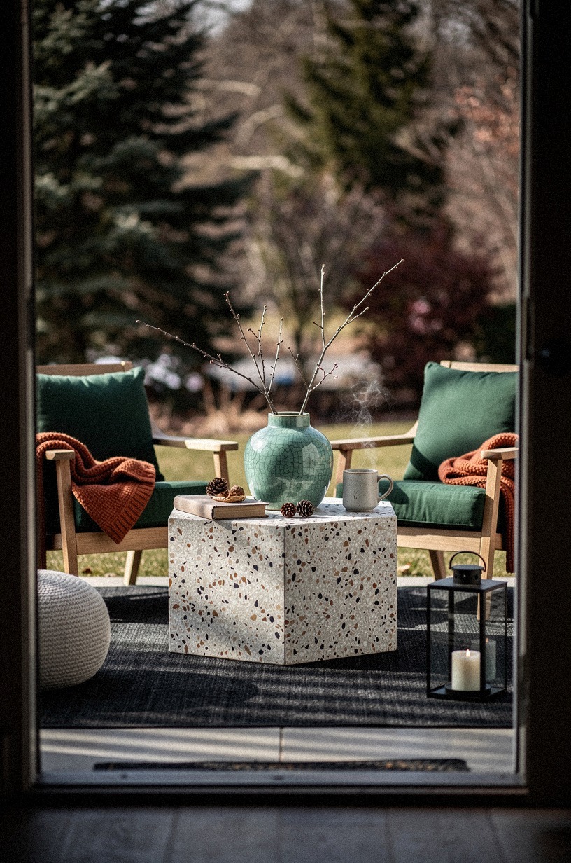 Anchor the patio with a dark outdoor rug