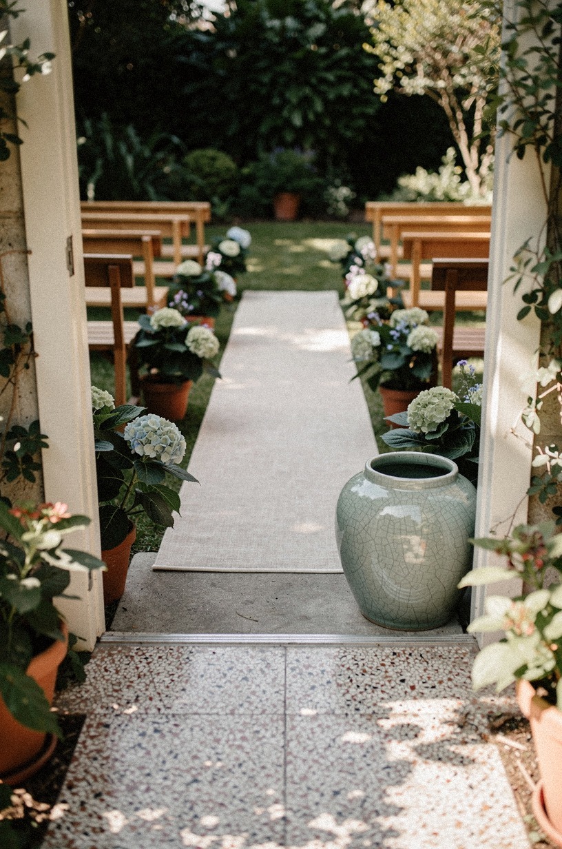 Tuck potted hydrangeas beside the aisle
