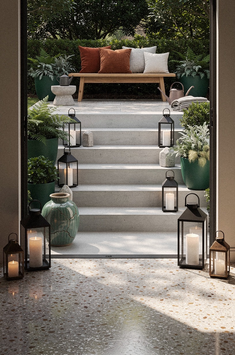 Cluster rainproof lanterns beside the steps