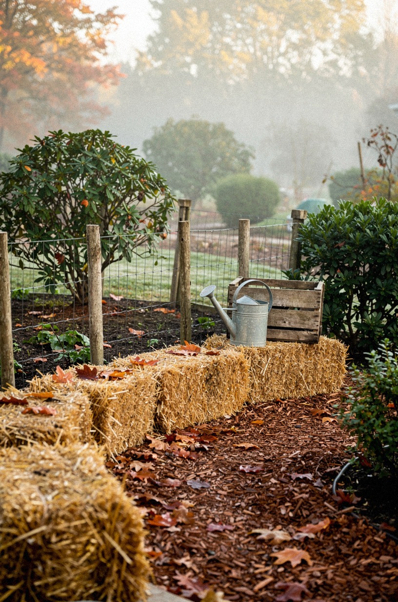 Stack straw bales as a rustic garden border around the pen