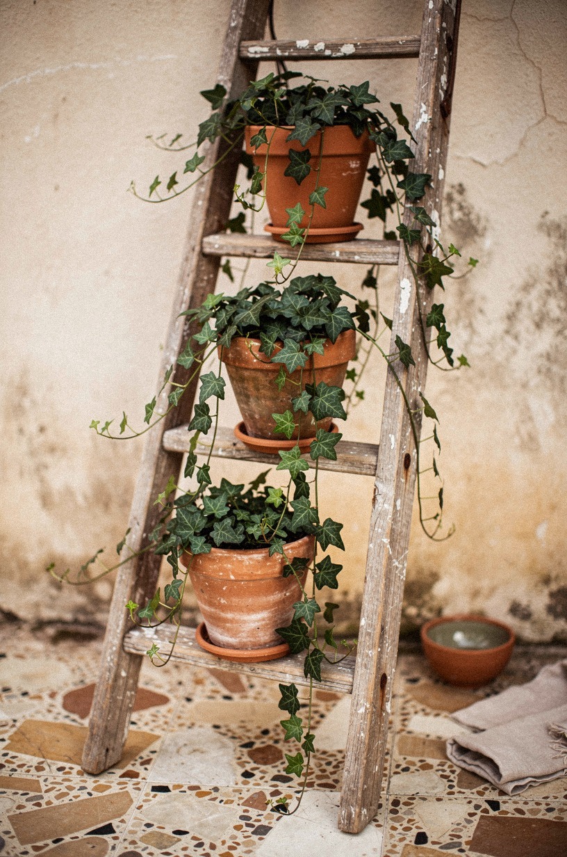 Prop an old ladder against the wall for potted ivy