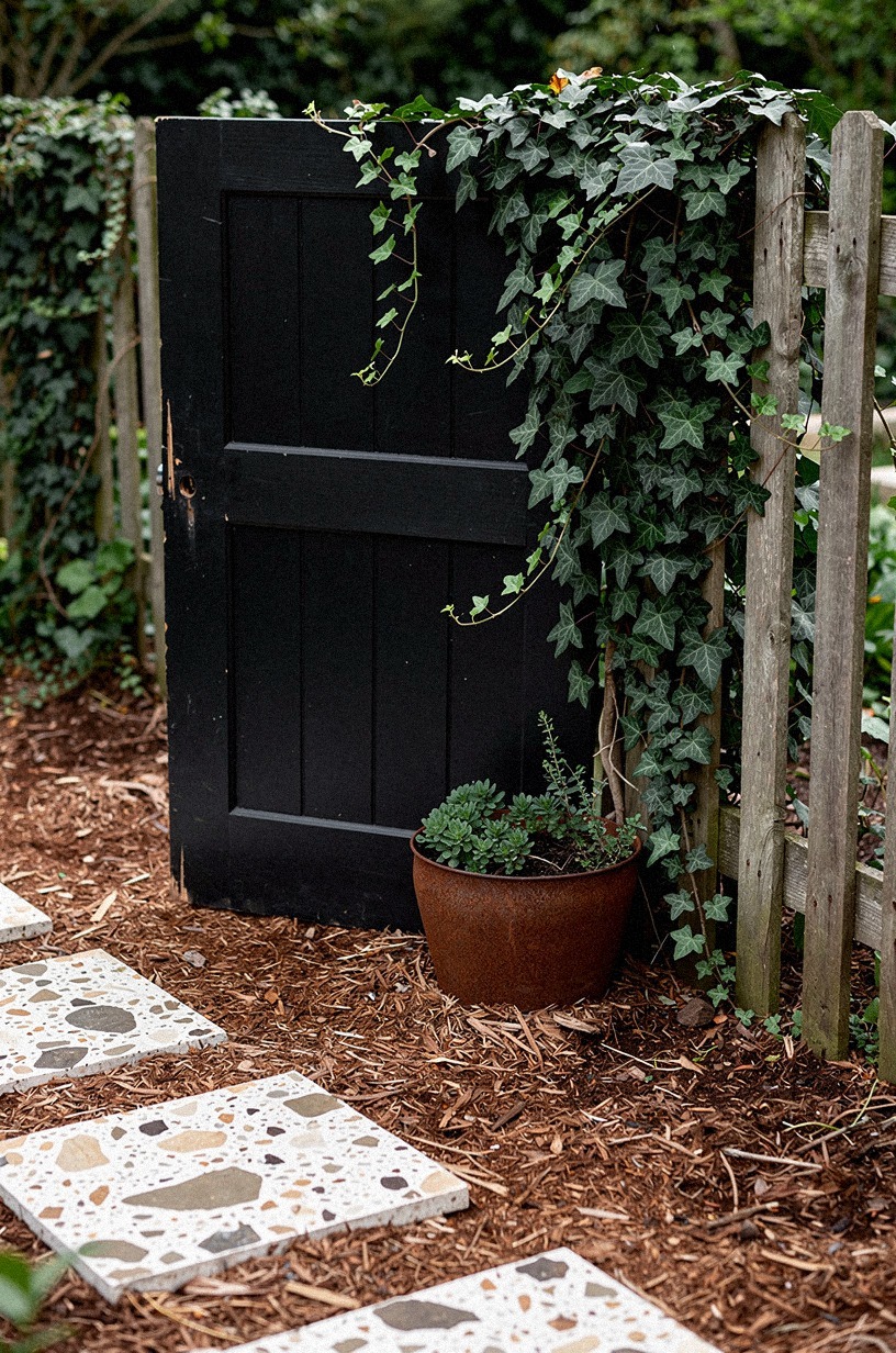 A matte-black door against the fence: instant garden screen
