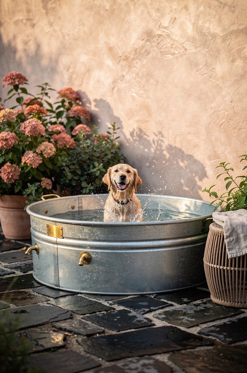 Set up a galvanized stock tank as a splash pool