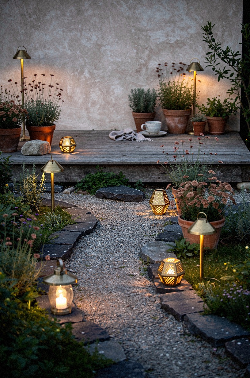 Run a gravel path lined with solar lanterns to the patio