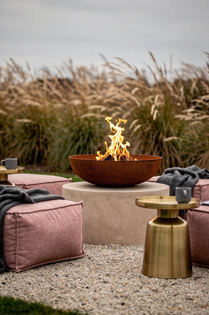Anchor the area with a rusted corten steel bowl as sculptural focal point