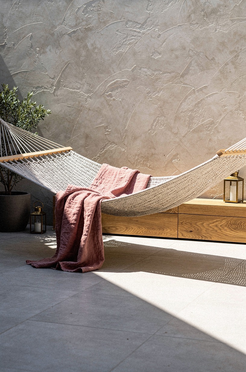 Drape linen throws over a woven hammock