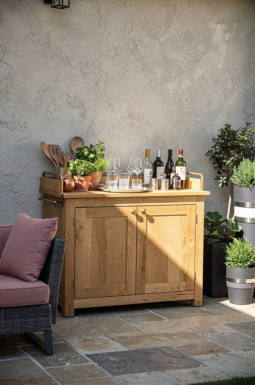 Place a potting bench as backyard bar
