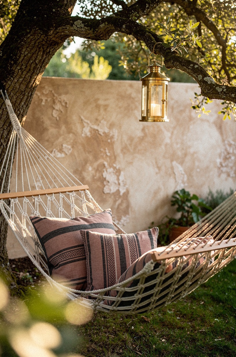 Hang a macrame hammock between two mature trees