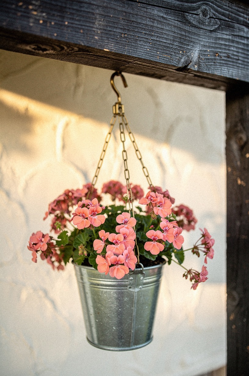 Hang a galvanized bucket as a planter from the porch beam