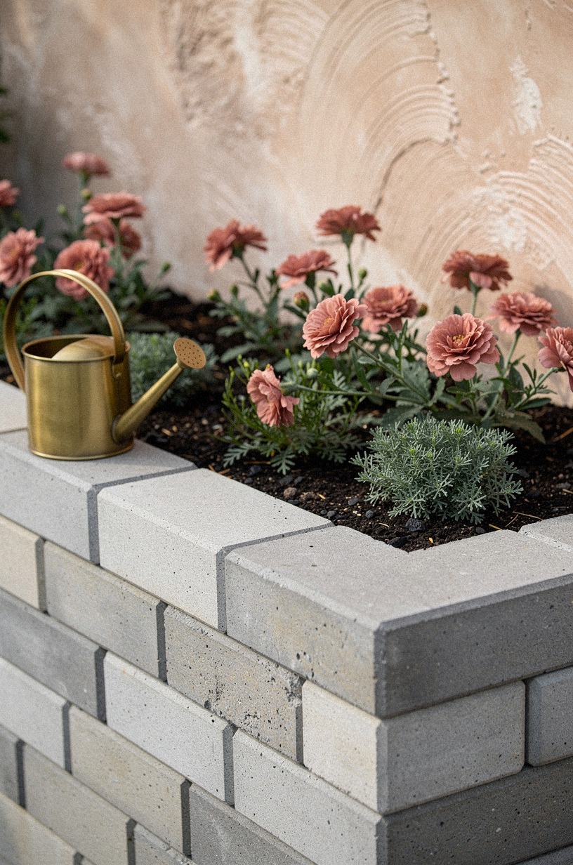 Stack concrete pavers into a low planter wall for raised beds