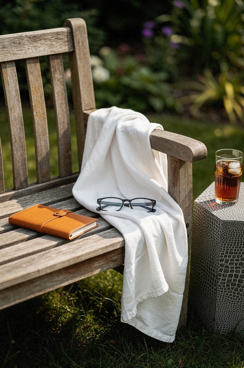I placed a weathered teak bench where the afternoon shade lands at four o'clock