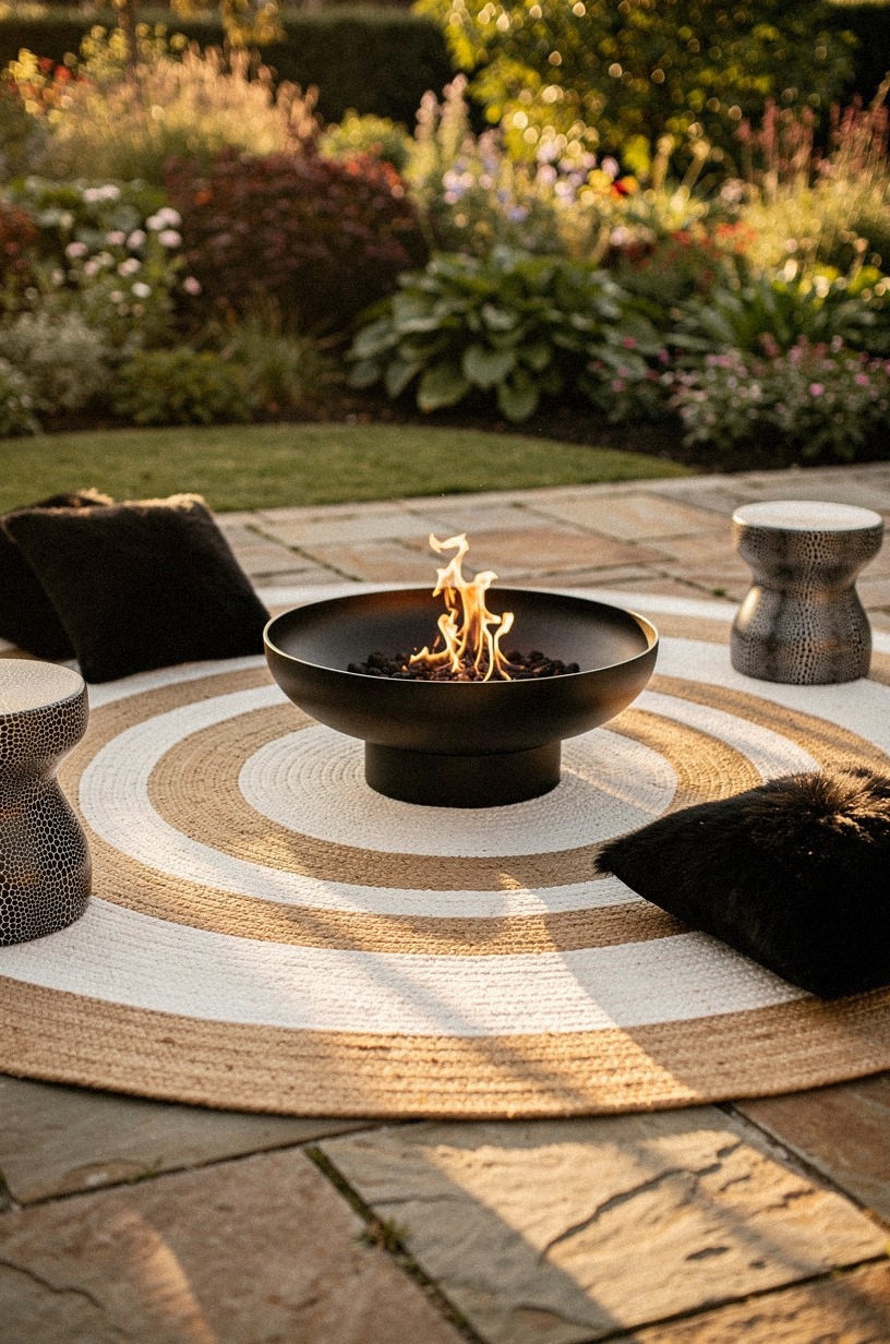 Layer outdoor rugs in concentric circles to soften the hardscape