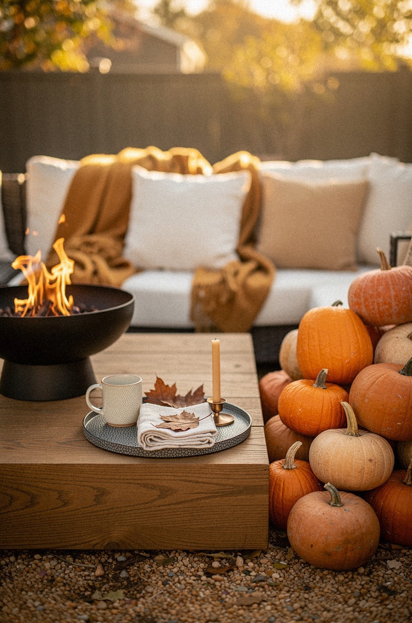 Pile pumpkins beside the fire pit, not around every edge
