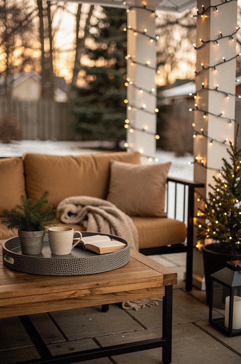 Wrap porch posts with soft Christmas lights