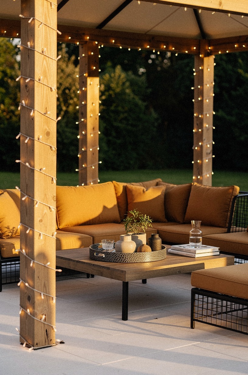 Wrap string lights around chunky gazebo posts