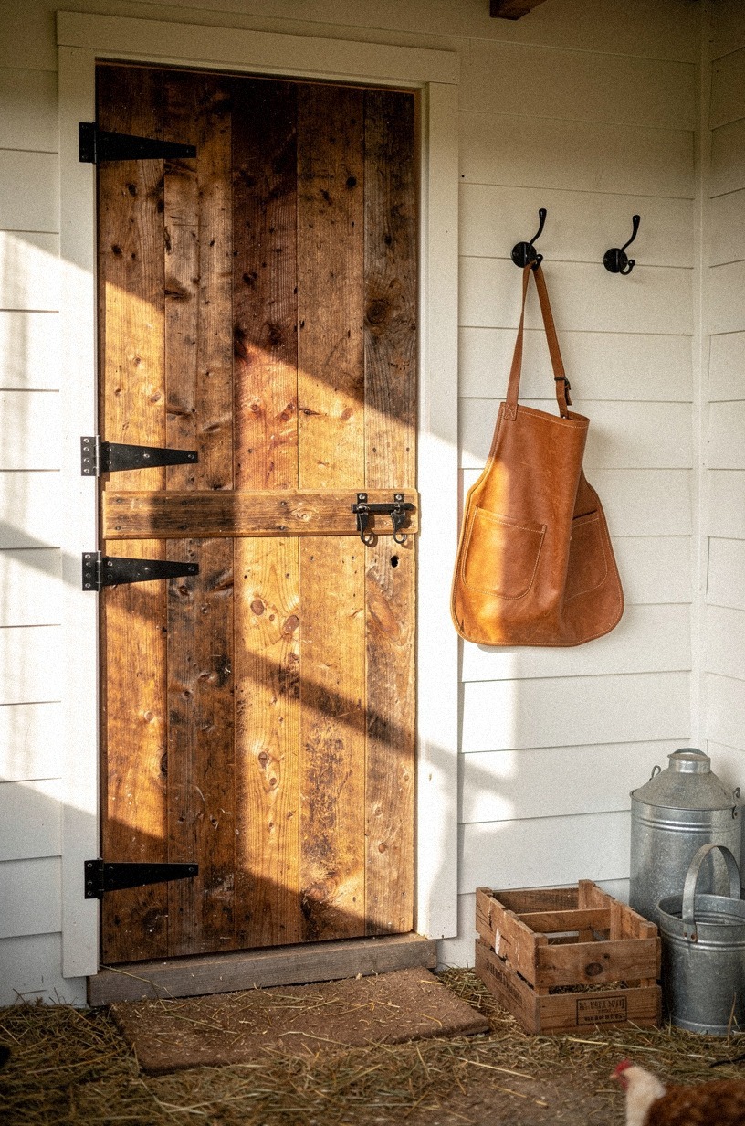 Set a reclaimed barn door as the main coop entrance