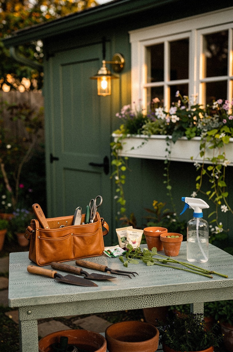 Paint a garden shed in deep sage with a brass lantern sconce