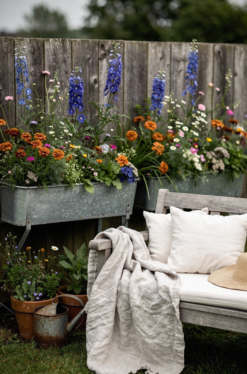 Plant wildflowers in galvanized troughs along the fence line