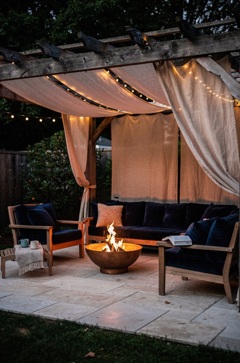 Hang a weathered wood pergola draped with canvas for windbreak