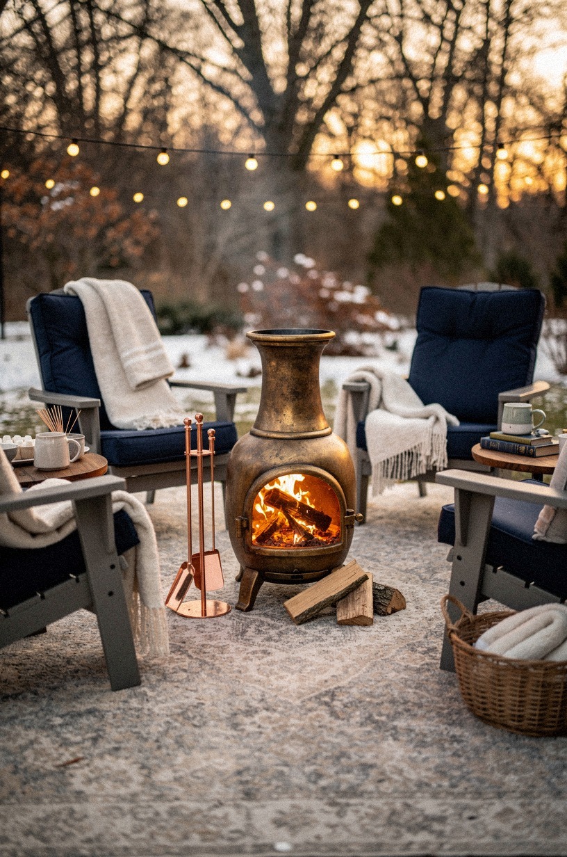 Circle Adirondack chairs around a chiminea