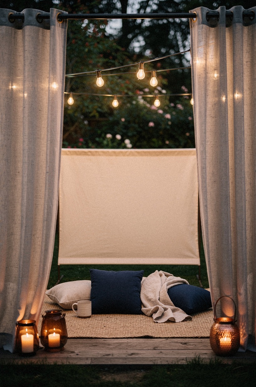 String curtains between two garden posts