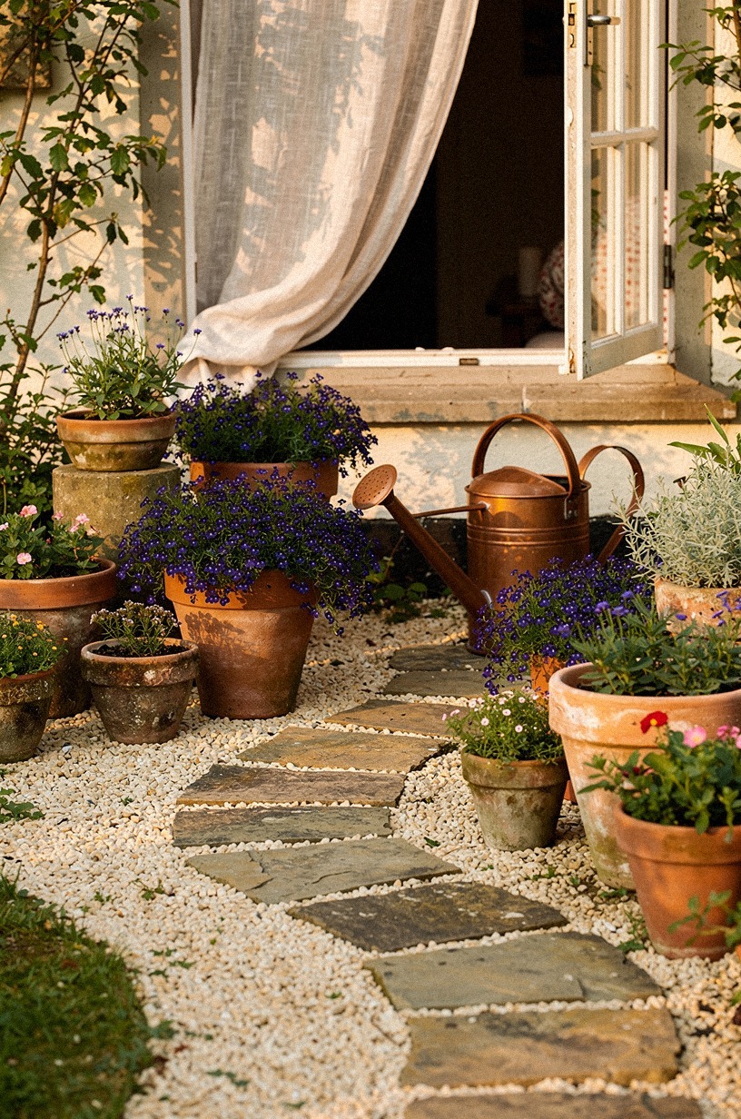 Line the walkway with mismatched terracotta pots