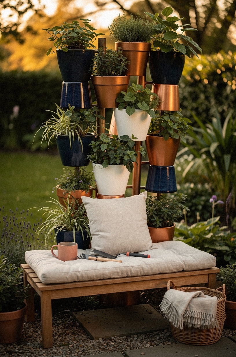 Stack terracotta pots in a staggered privacy screen