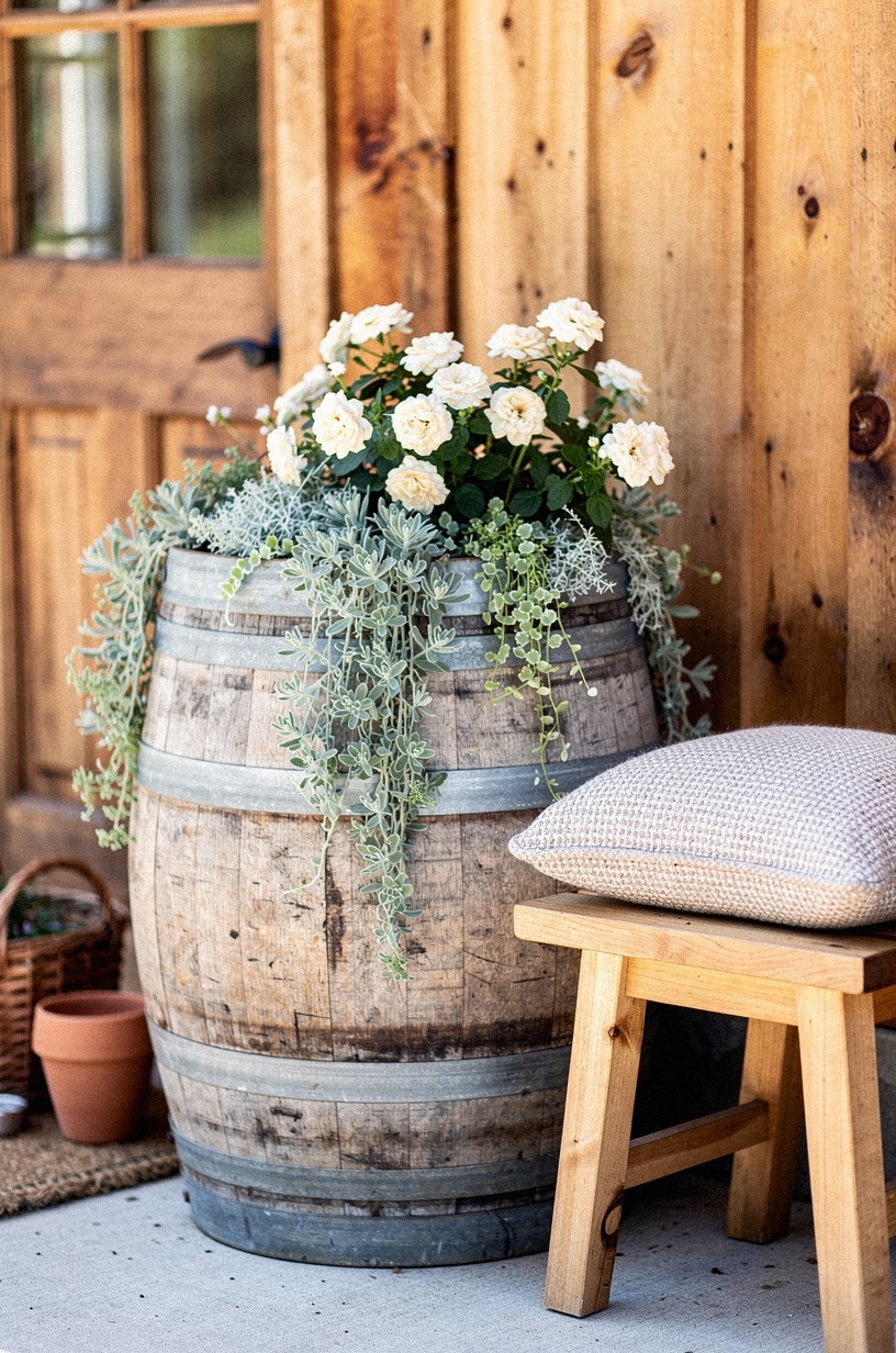 Set a weathered whiskey barrel by the door as a planter