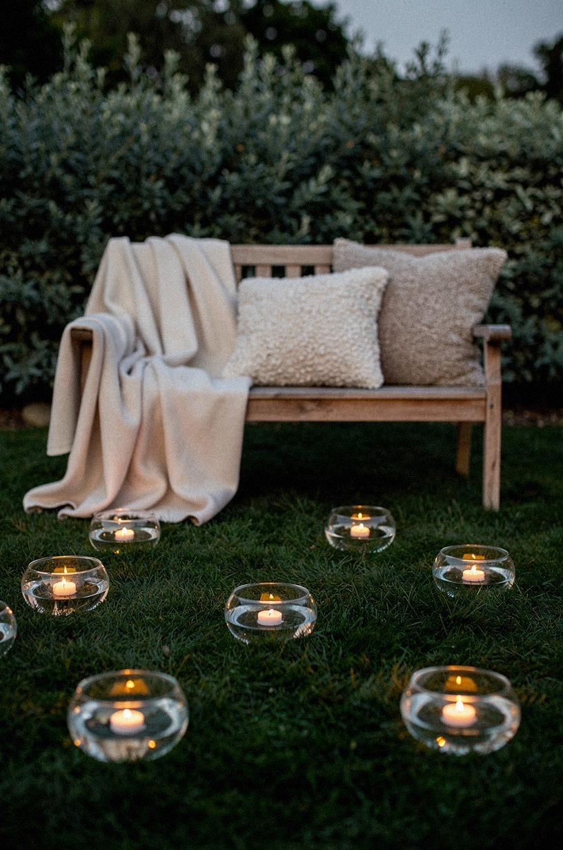 Float tea lights in glass bowls across the lawn